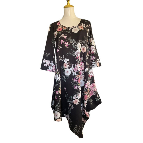 Bryn Walker Women's Medium Floral Asymmetrical Hem Tunic Dress Black Pink New - Picture 1 of 8